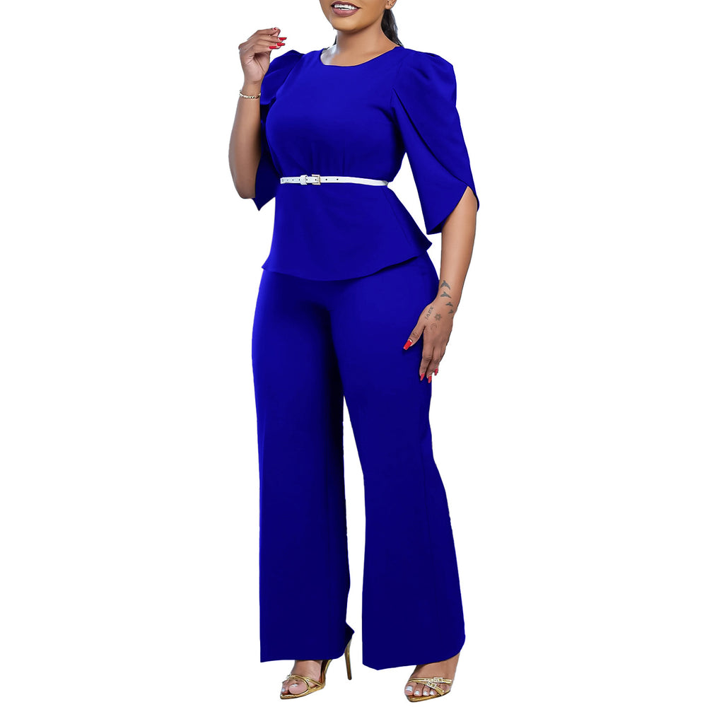 D558 women's foreign trade fashion set : elegant solid color top and wide-leg pants two-piece outfit - european and american style