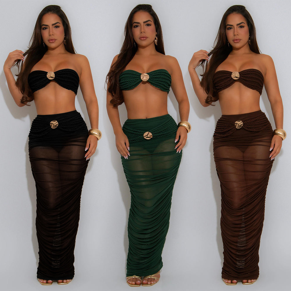 C7529 cross-border   fashion women's sexy bandeau see-through mesh maxi dress two-piece set