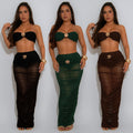 C7529 cross-border   fashion women's sexy bandeau see-through mesh maxi dress two-piece set