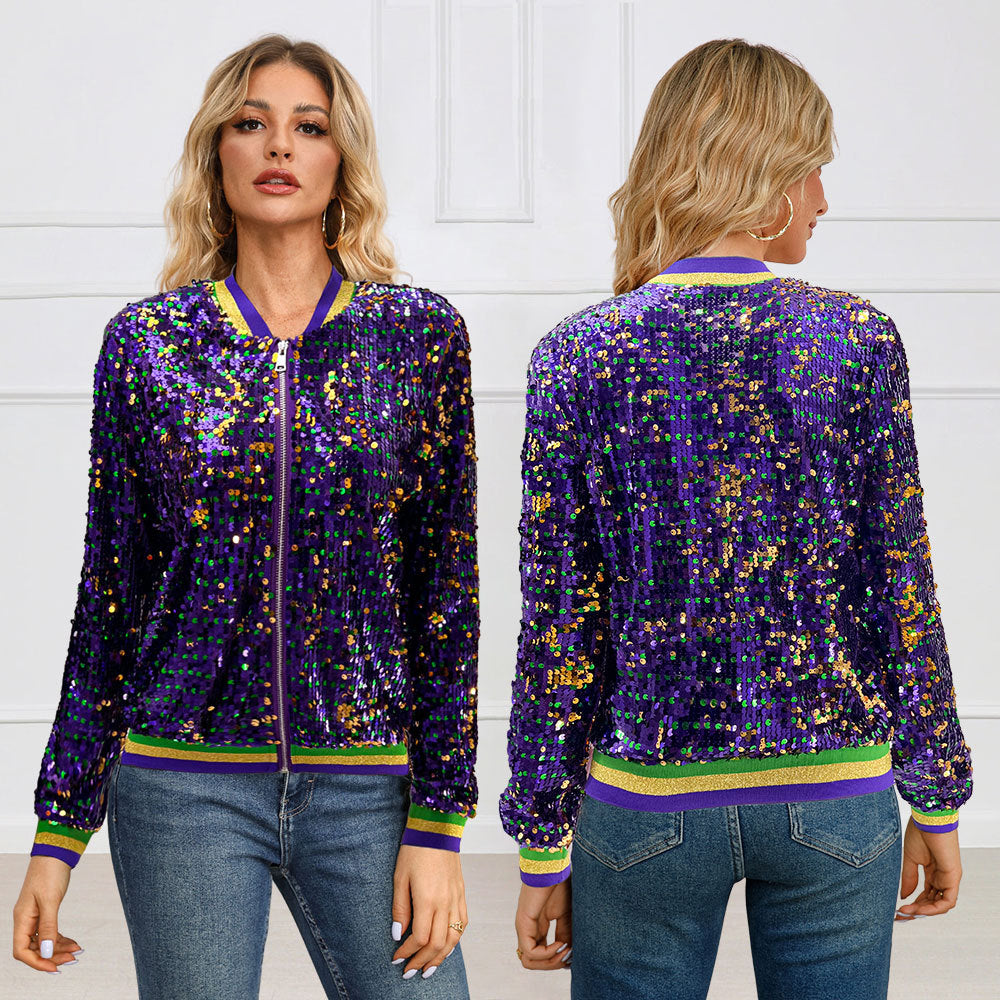 10346 Cross-border Europe, America,  long-sleeved sequins fashion trend baseball jacket cardigan women's jacket