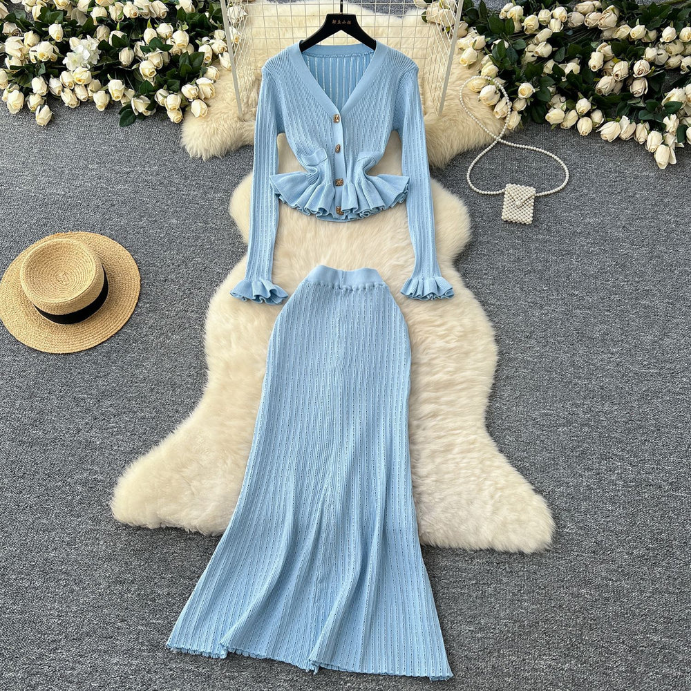 Xiaoxiangfengsuitfemalefall and winter celebrity classy sense waist lotus leaf hem knittingcardiganhigh waist hip skirt
