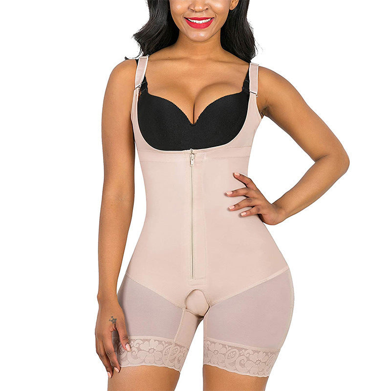 Gathered tummy control shapewear bodysuit zipper open slot body shaper one-piece zipper tummy control shapewear