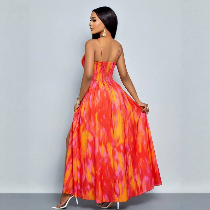 sexy tropical print cutout high slit backless vacation sundress with gold starfish embellishments