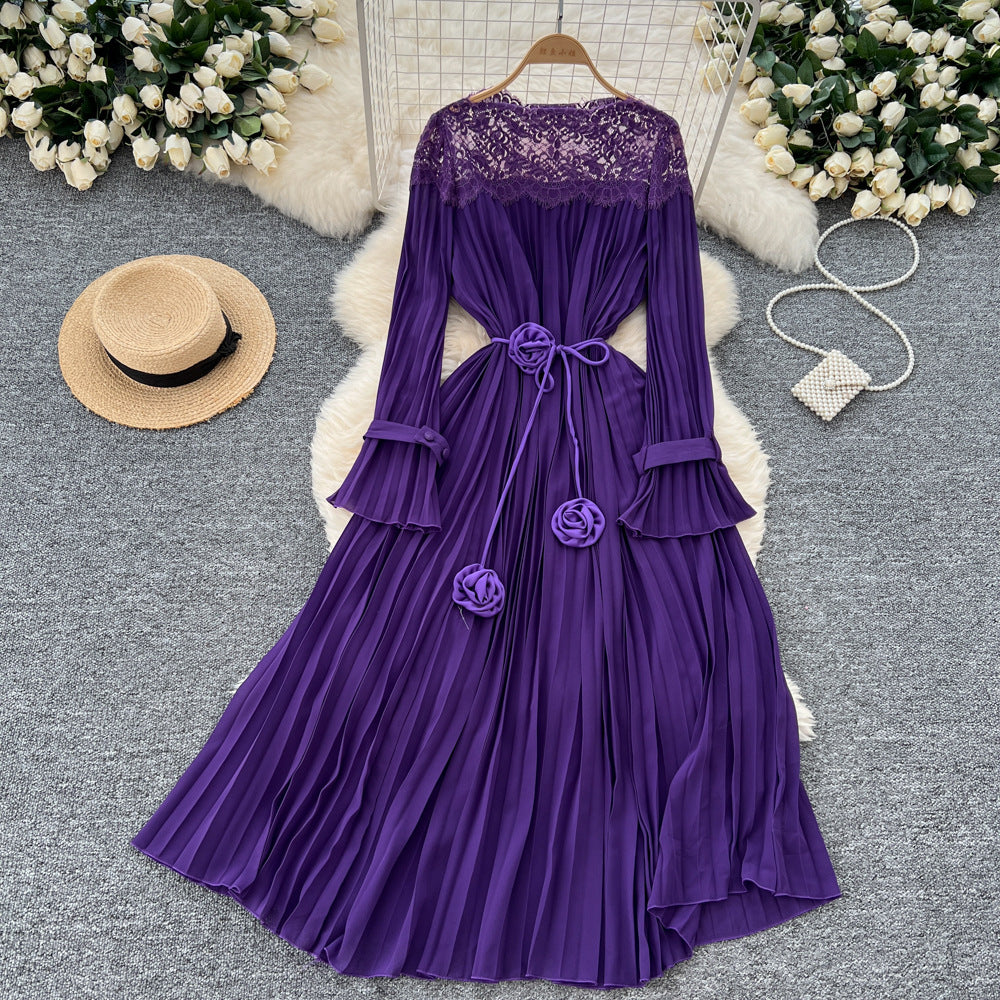 Classy sense of nicheelegancedress women's autumnew arrival strap waist lacepatchwork bell sleeve pleated long skirt