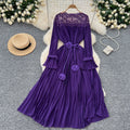 Classy sense of nicheelegancedress women's autumnew arrival strap waist lacepatchwork bell sleeve pleated long skirt