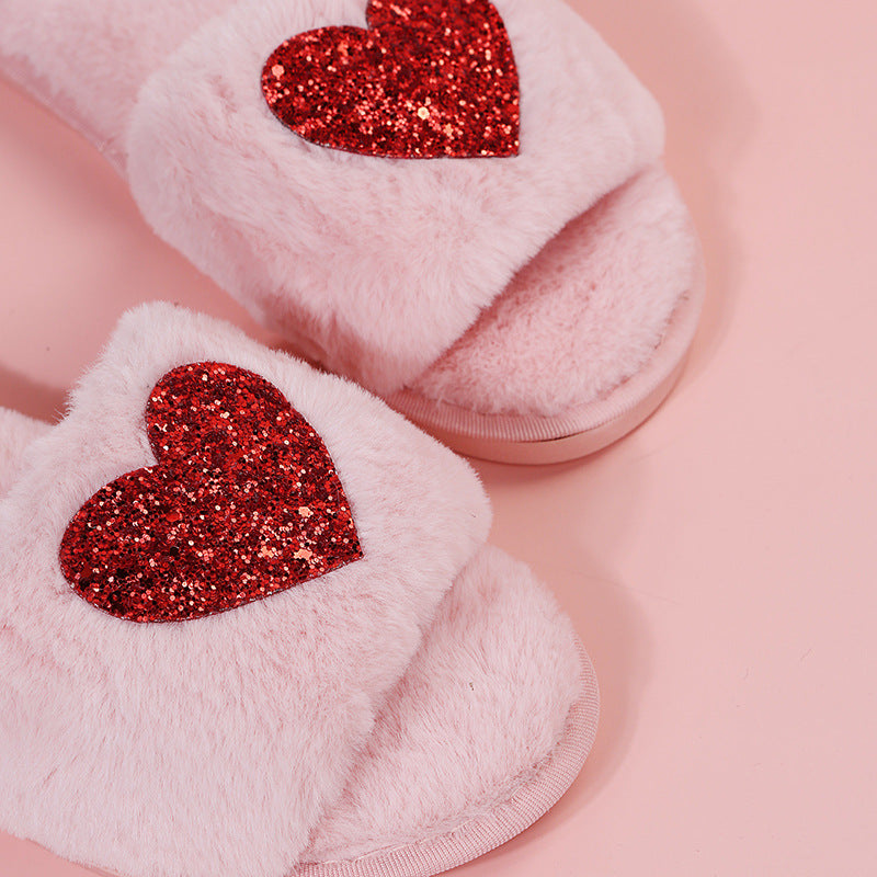 2024new arrival women's plus size fur slippers autumn winter one-piece flat heel open toe popularfashionheattech heart-shaped slippers