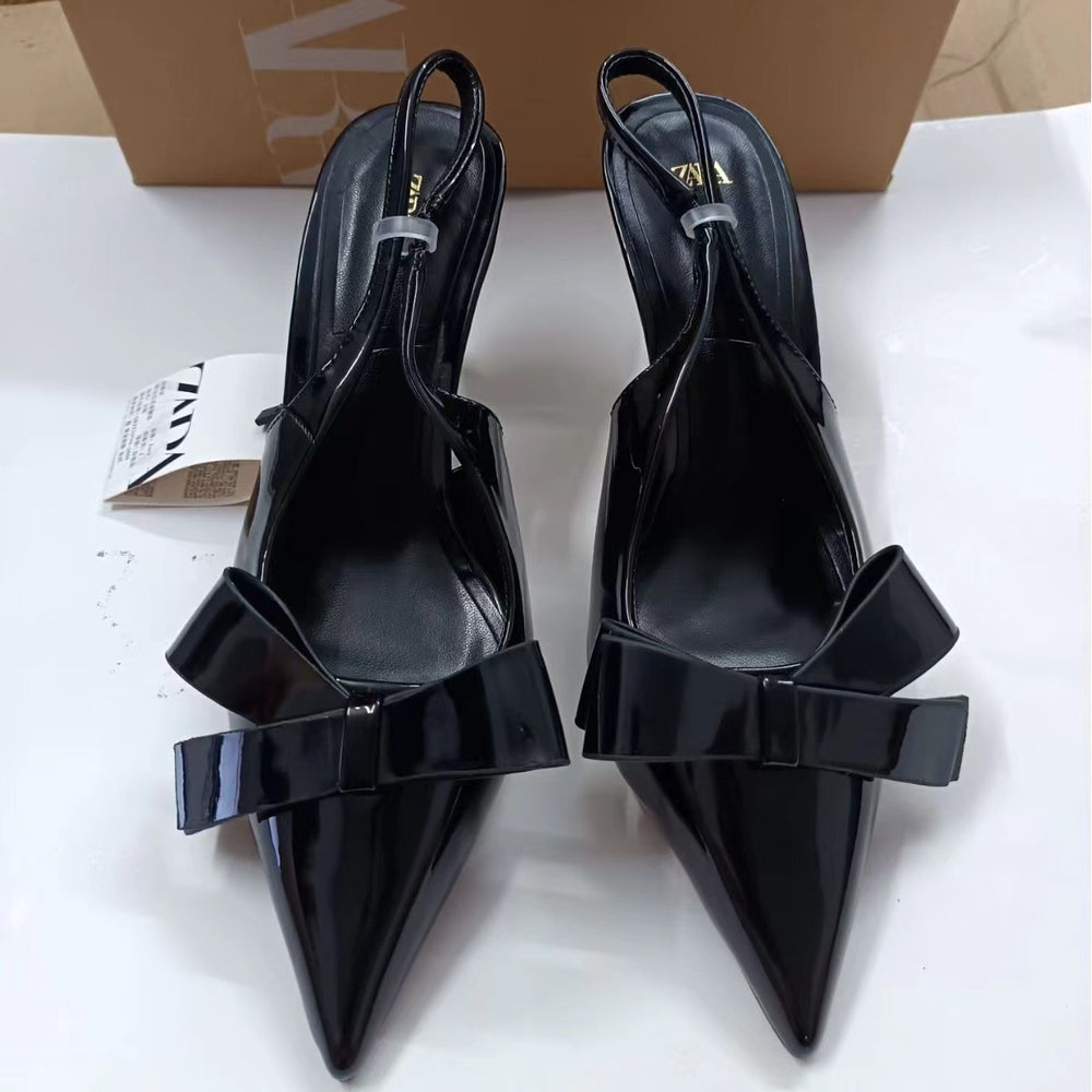 Za2024 summer new bowknot decorated back strap casual versatile pointed toe stiletto high heel sandals for women
