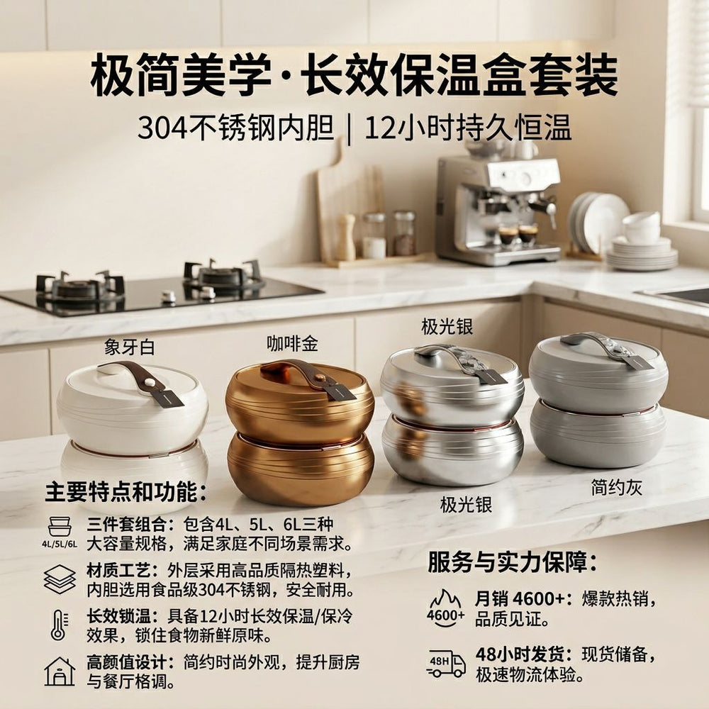 Food warmer 3pcs high-end thermal insulation box thermal insulation lunch box 4l-5l-6l food warmer export hot sale