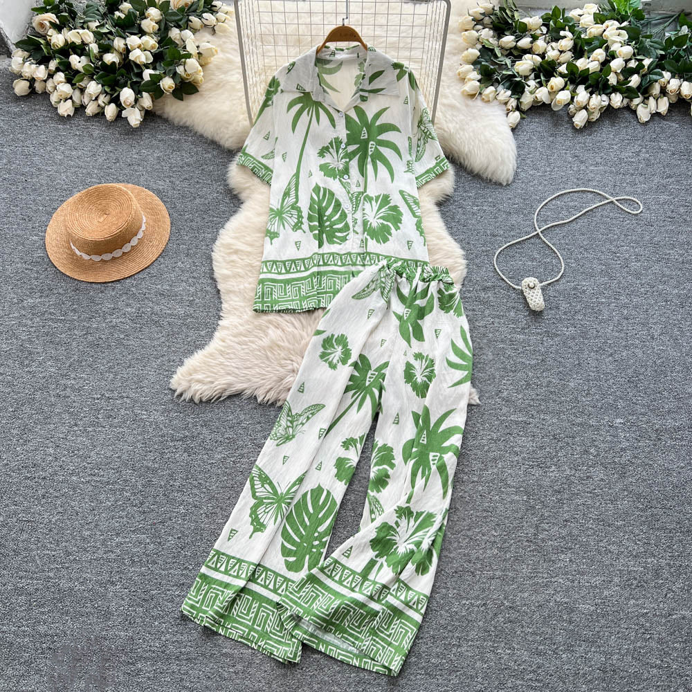 Bohemian style printed short-sleeve polo shirt + elastic waist wide-leg slimming straight-leg pants power suit