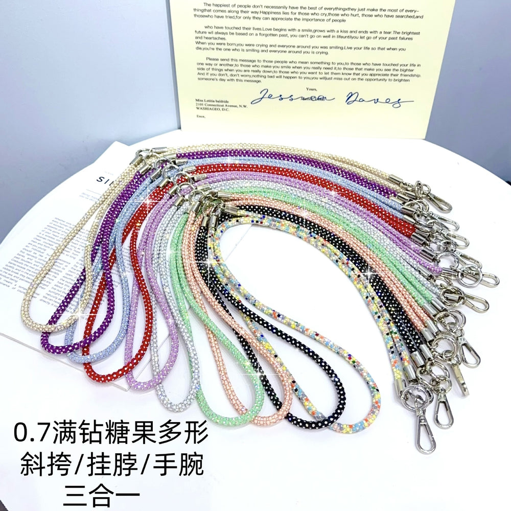 High-end, understated luxury: 0.7mm full diamond, 3-in-1 multi-functional phone chain, crossbody candy-colored multi-shape sparkling diamond goddess lanyard