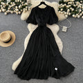 Luxury chic bubble sleeve dress - women's summer slit v-neck belted slimming exquisite maxi dress