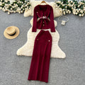 French chic high-end women's autumn set: tie-waist knit top with metal buckle & high-waisted bodycon midi skirt