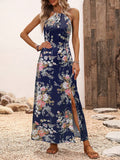 Amazon women's clothing japan summer new high-waisted printed dress vacation style slit halter maxi dress