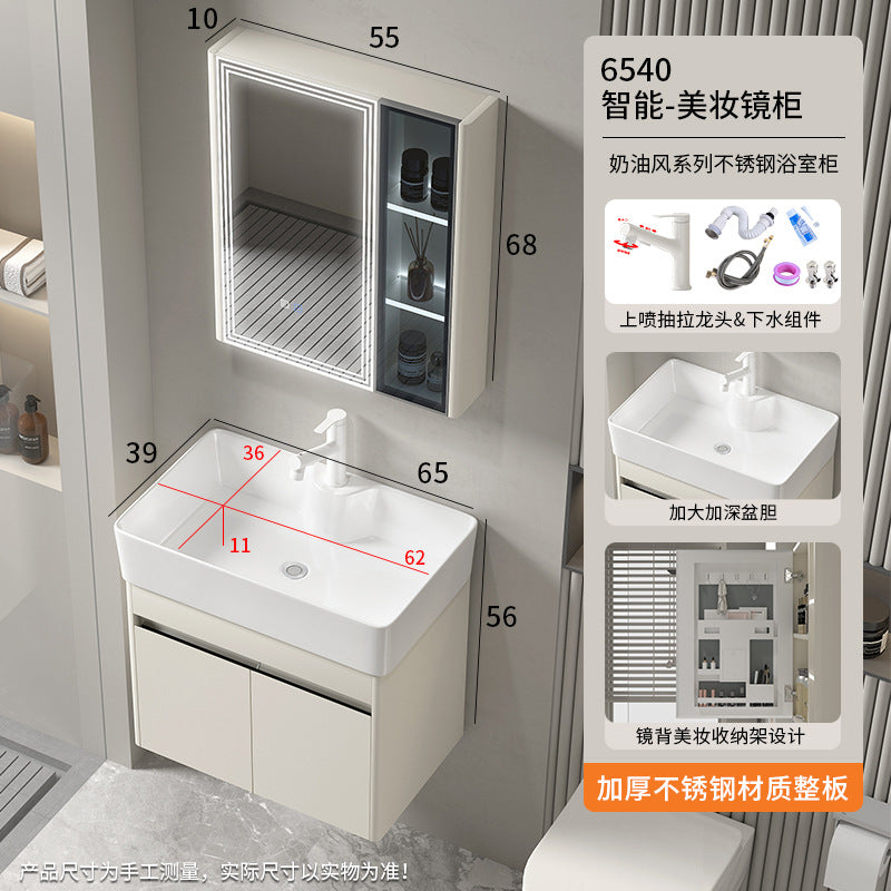 Small apartment bathroom cabinet Thickened stainless steel washstand Integrated cabinet Storage mirror Washstand Deepened ceramic integrated basin