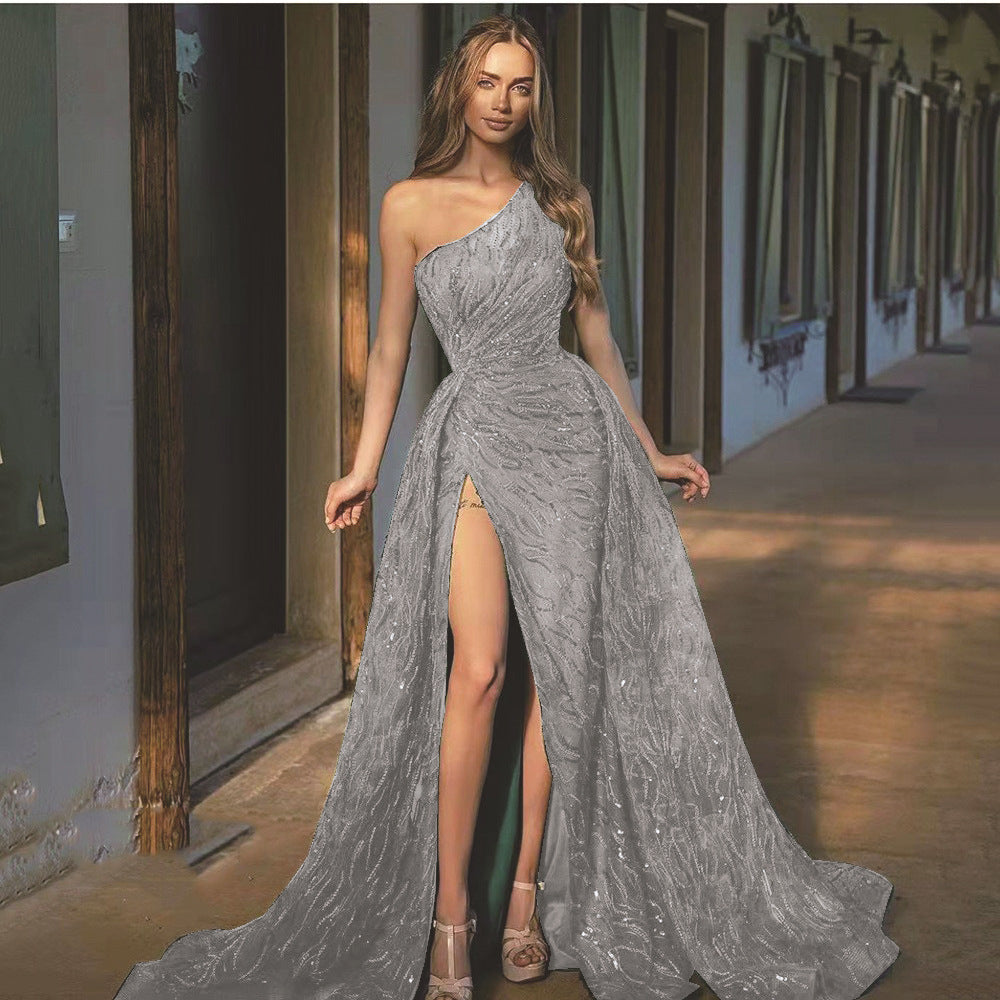 spring/summer new arrivals: european & american style one-shoulder slit maxi dress - evening gown, sequin cami dress, cocktail dress
