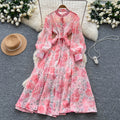 French chic elegant dress - women's autumn  collection: court style, tie-waist, slimming, single-breasted, printed maxi dress