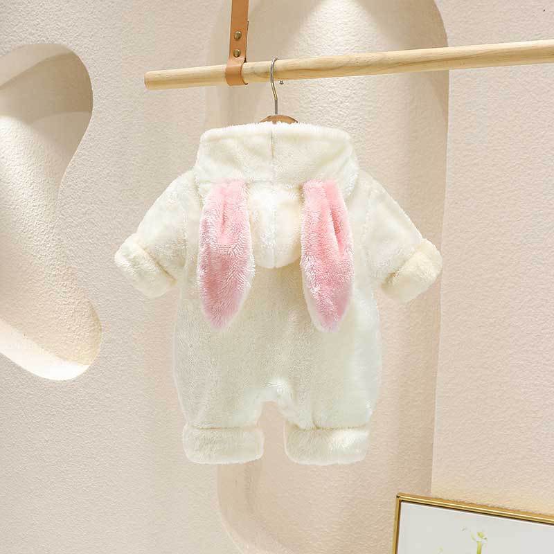 Autumn winter baby super cute k-stylefleece-lined hooded outing clothes newborn style flannel home crawling clothes