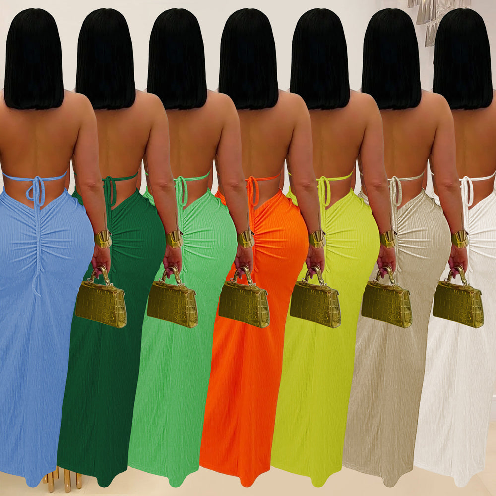 C7407 cross-border   fashion women's sexy knitted halter backless solid color dress