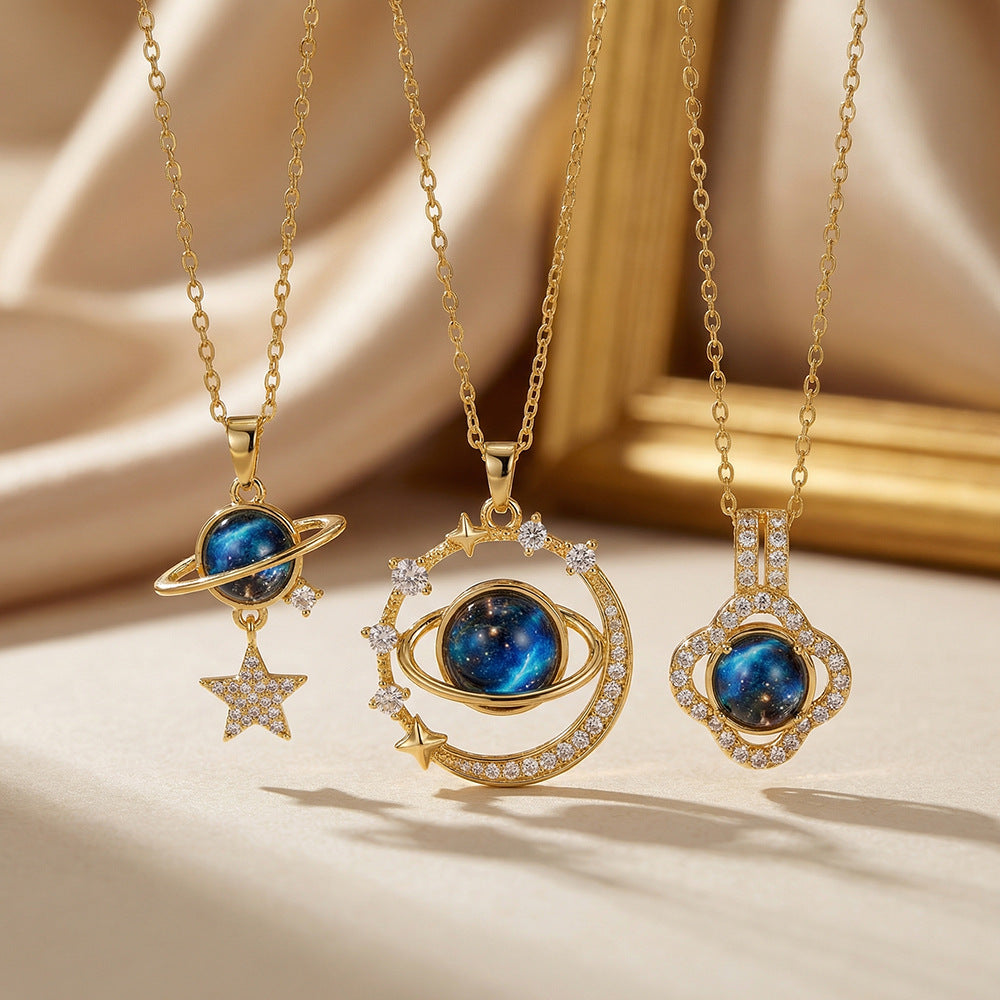 European and american cross-border hot-selling copper inlaid zirconium full diamond planet necklace for women, light luxury niche style, non-fading clavicle chain jewelry