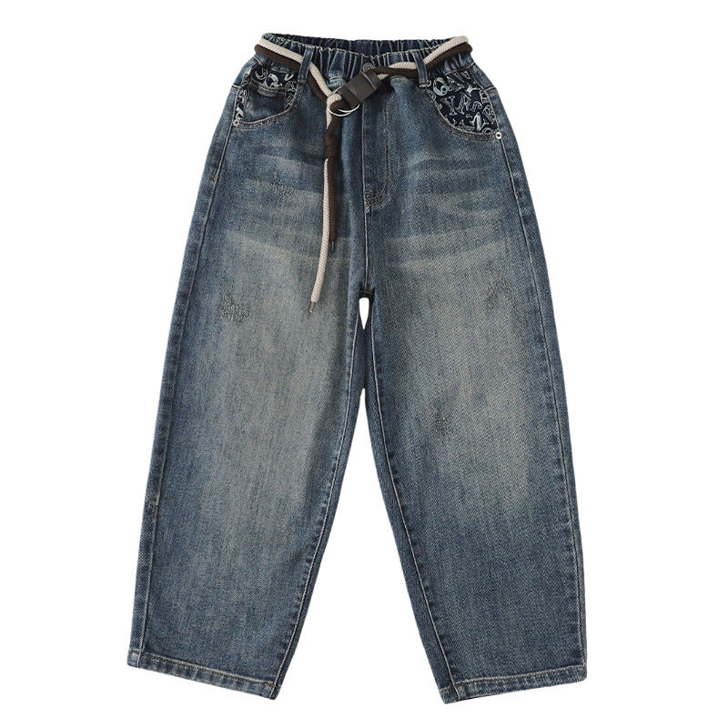 Boys' fall denim pants, spring collection, mid-to-large size, loose fit,  new style, kids' straight-leg trousers, spring/autumn season