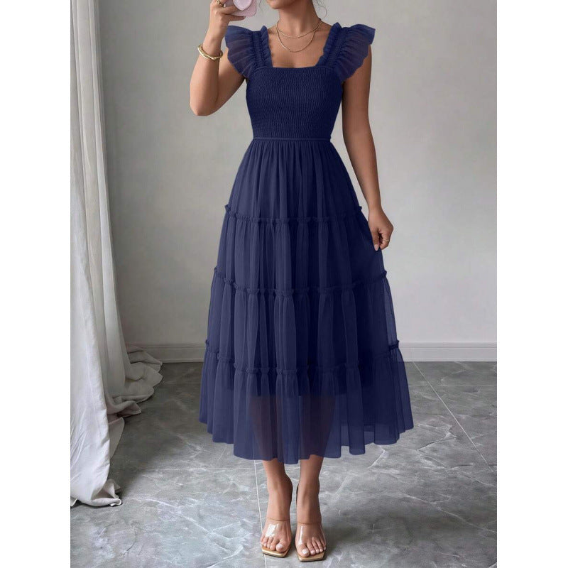 fashion  summer new arrival flying sleeve ruched ruffles vacation elegant mesh dress