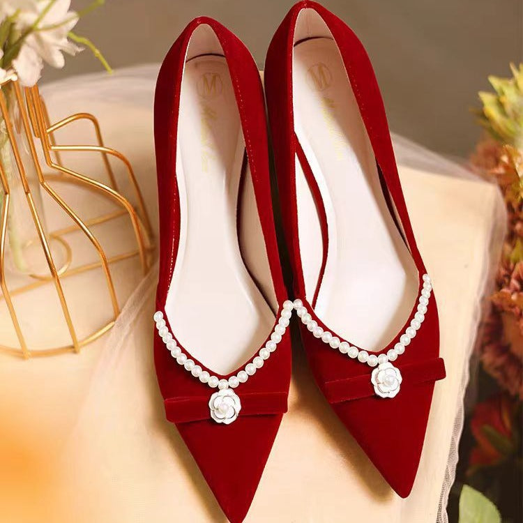 Wedding shoes for women 2024new arrival hexiu wedding dress two-wear bridal shoes red thick heel non-tiring french engagement shoes