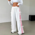 european and american style women's spring/autumn elastic waistband color-blocked straight-leg casual white athletic pants with bow detail