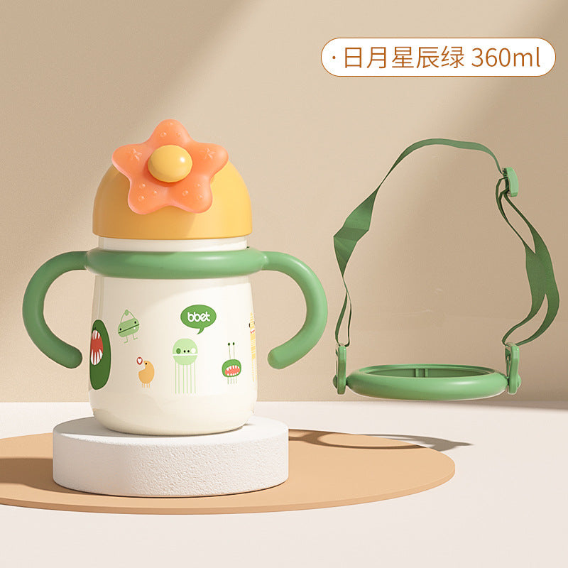 Kids' insulated sippy cup - baby learning cup with straw - baby thermos water bottle - portable dinosaur water bottle with strap for outings and kindergarten