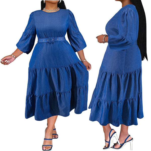 F218373 European and American  women's denim dress pleated skirt including belt micro-reflective discoloration new model