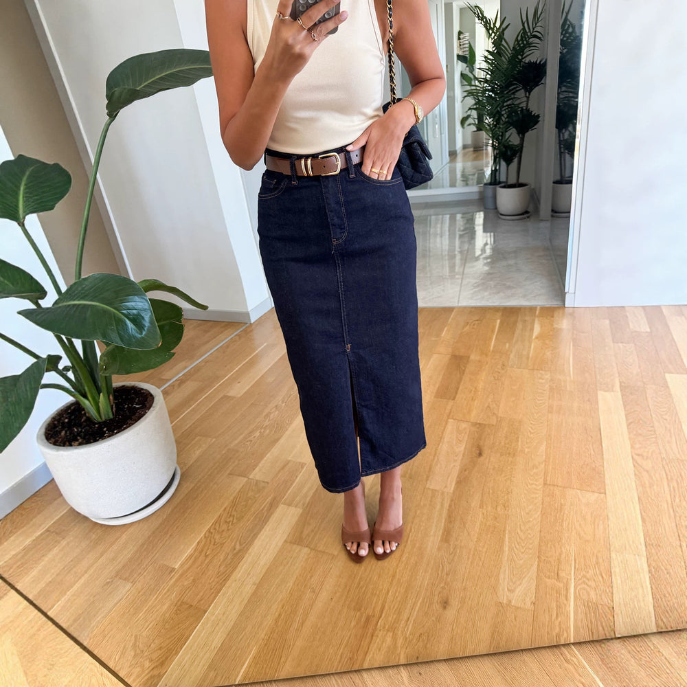 Retro dark blue high waist denim skirt women's medium longstraight-legelegant long skirt work clothingeasiest for matchslimming look skirt