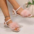 Fairy style thick heel furry sandals for women 2026 summernew arrivalplus size crystal heel elegant one-line sandals export
