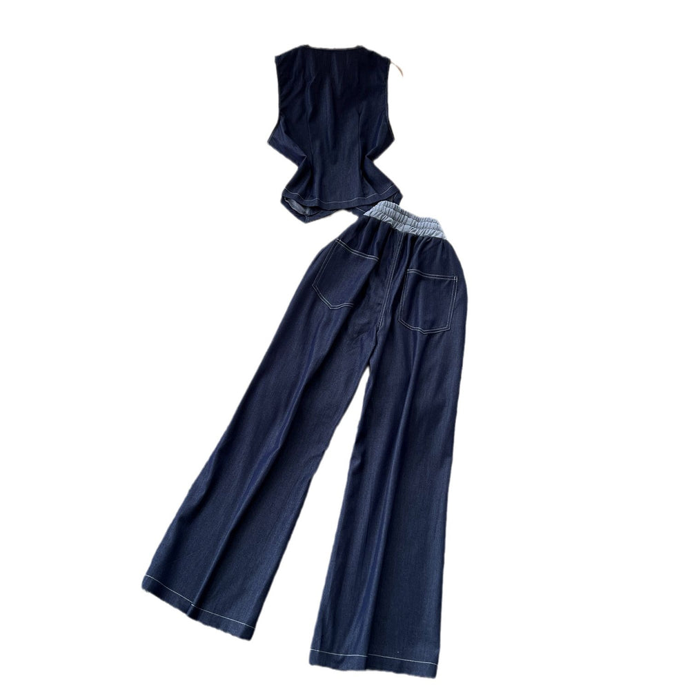 High-end women's summer outfit featuring a stylish v-neck sleeveless single-breasted top and a casual wide-leg pants two-piece set