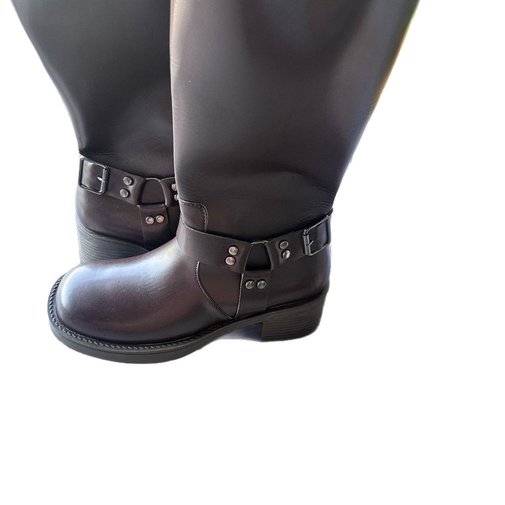 autumn new arrival: knight boots, long boots, leather buckle detail, mid-calf motorcycle boots, vintage western cowboy boots