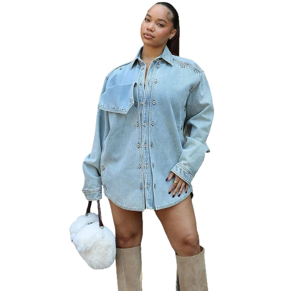 European and american cross-border women's denim jacket,  foreign trade women's clothing, loose fit patchwork design, long sleeve jacket top
