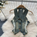 American retro washed distressed halter sleeveless lapel raw edge denim topstwo-piece set slit silm skirt