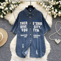 Hong kong style retrocasualbf style fashionable denim shirt for women summersense of designasymmetricalletterprintingtops for women