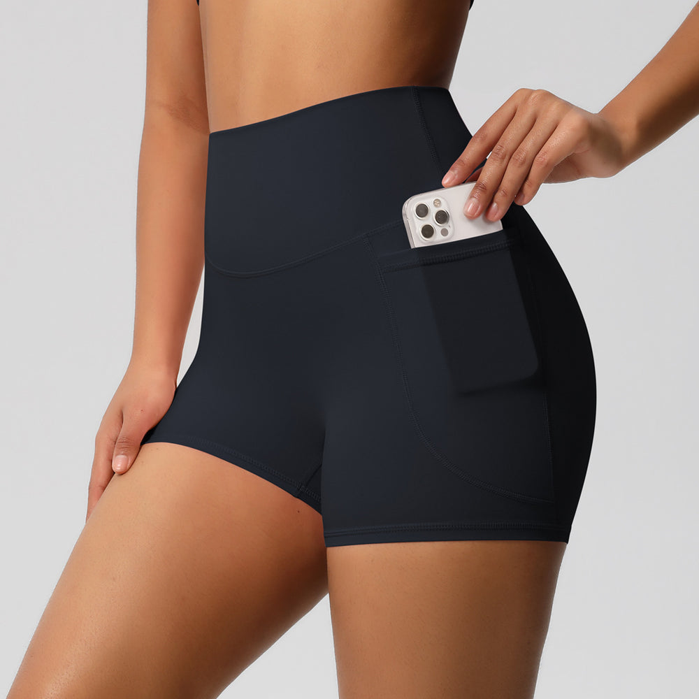 fashion brushed pure colorflap pocket pants high waist tight high elastic yoga shorts sports running fitness three-quarter pants for women
