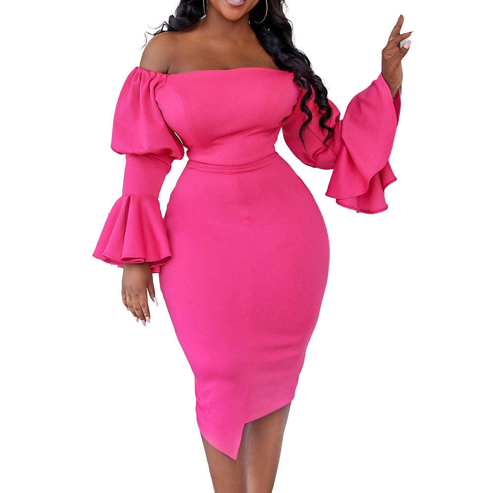 D3090plus size women's clothing   spring and summer bell sleeves hip-hugging tight fashion european and american dress