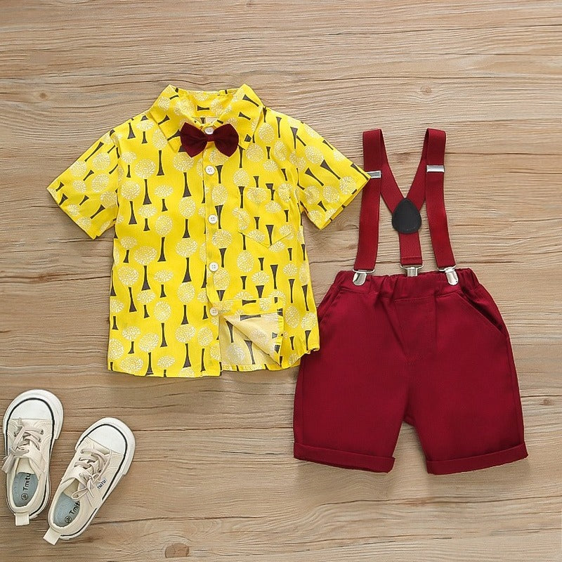 New spring/summer boys' printed short-sleeve and shorts set - gentleman's vacation style two-piece outfit