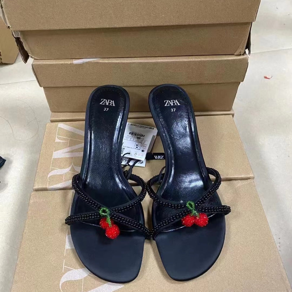 Za2024 summer new fashion high heel women's shoes beaded cherry pendant black stiletto open toe slingback pumps