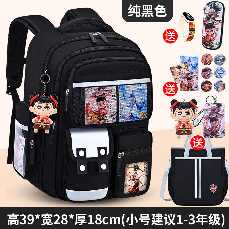 New nezha backpack for boys and girls, grades 1-6: spine protection, lightweight design, and extra-large capacity