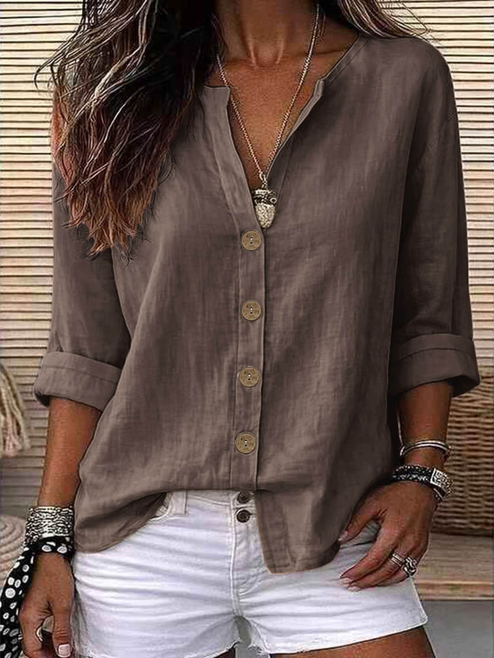 Exclusively for us & european cross-border e-commerce:  autumn beige cotton linen shirt - relaxed fit, v-neck, roll-up sleeves, mid-length top