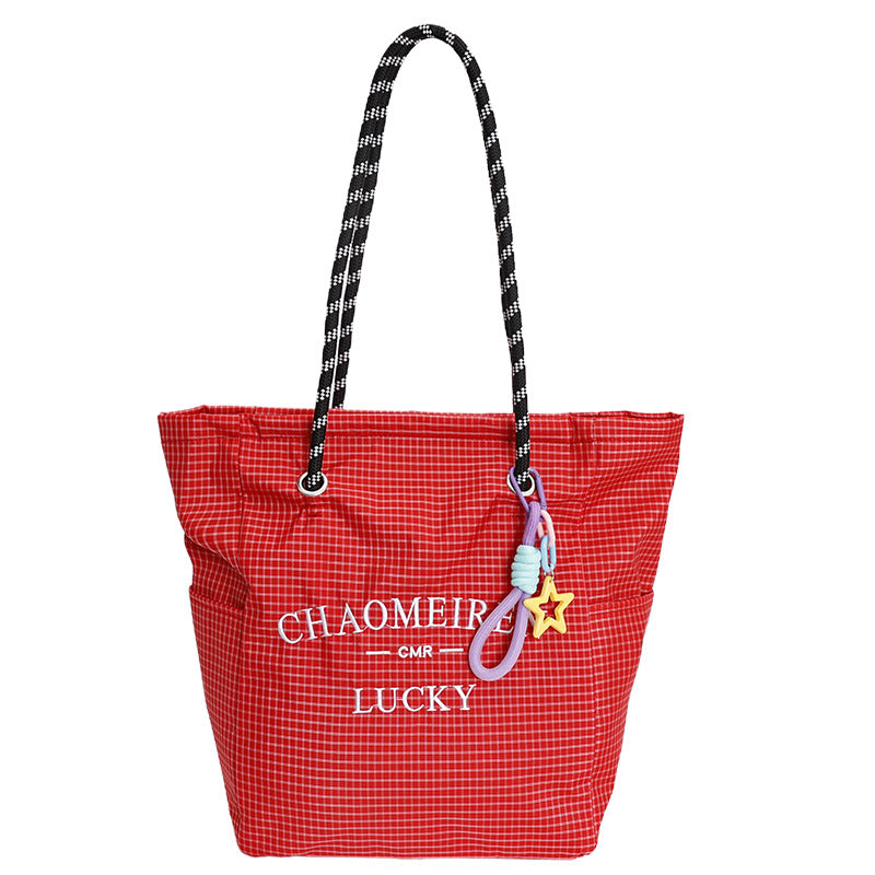 Korean style minimalist canvas tote bag for women, 2025 new arrival, super popular large capacity tote, plaid striped versatile shoulder bag