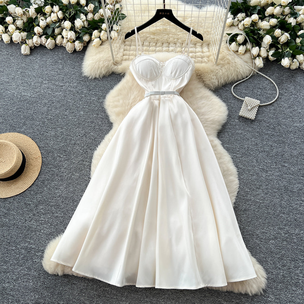 High-end elegance dress women's summer frenchaccessible luxury celebrity lace patchwork waist elegant suspender large swing dress