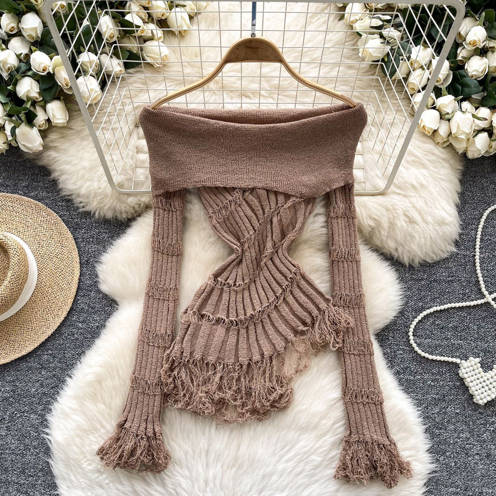 Goddess stylesense of design one-shoulder lapel long sleevescut outknitting shirt women's asymmetricalsilm chictops