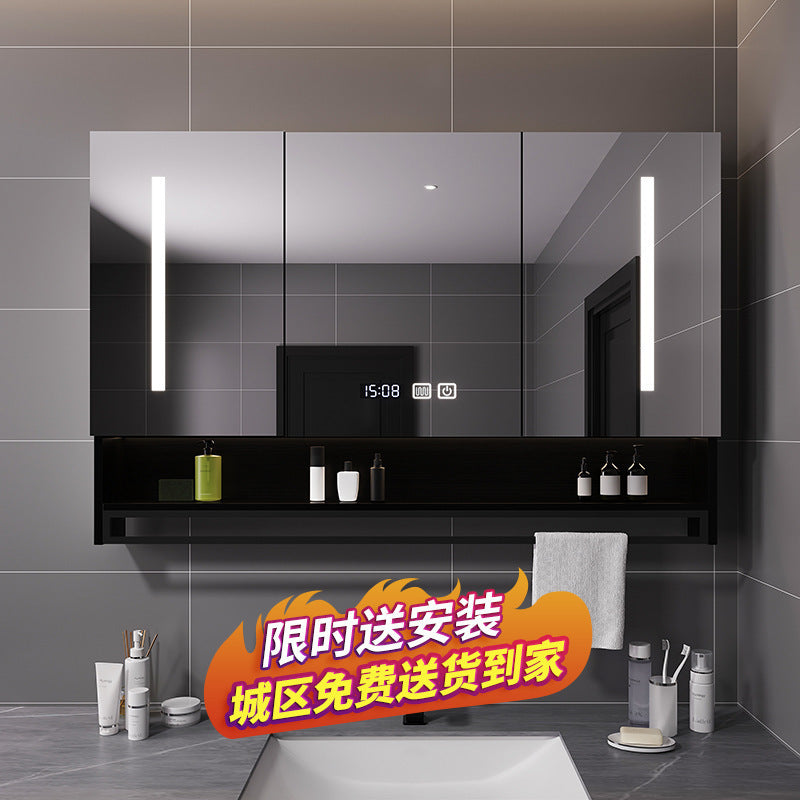 Smart bathroom mirror cabinet wall-mounted with lamp defogging separate solid wood mirror cabinet with towel bar bathroom storage mirror case