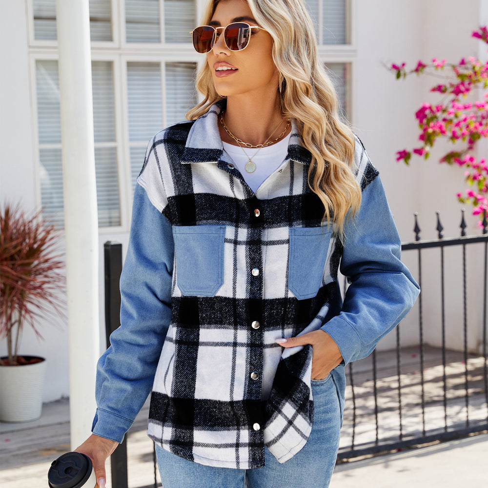 European and american style women's clothing cross-border e-commerce new arrival  independent website washed black and white plaid casual denim long sleeve jacket