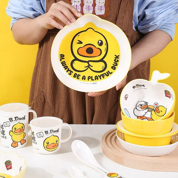 Wuhe Little Yellow Duck Children's Tableware Bowl and Spoon Set Food Grade Anti-scalding and Anti-drop Baby Special Cartoon Grid Plate