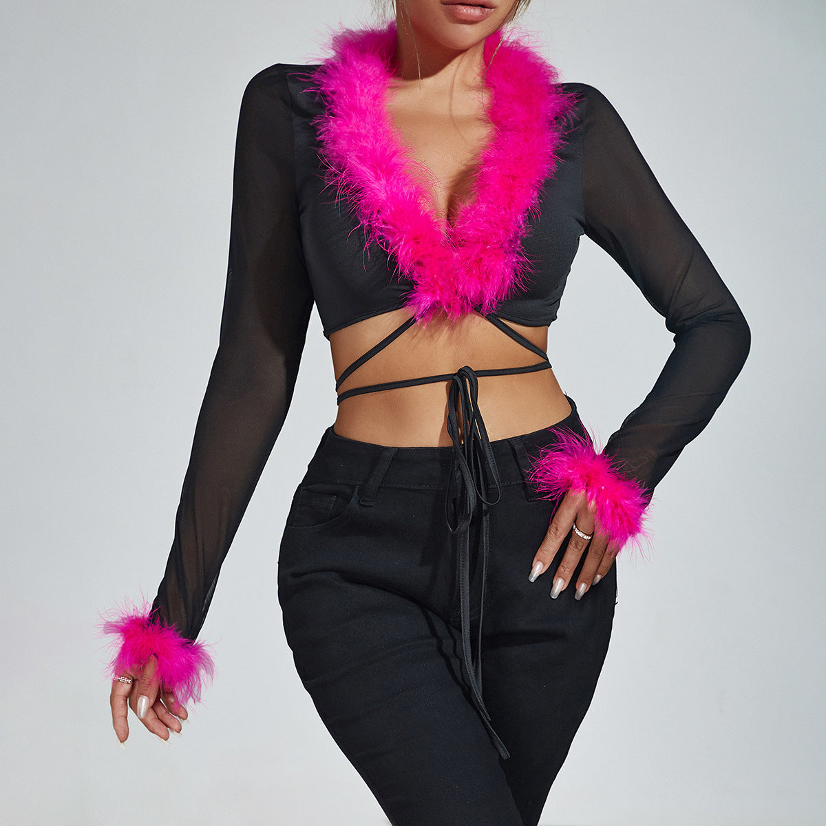 European and American  women's clothing autumn new high-end hairy heart machine strap cardigan sexy V-neck slim top women