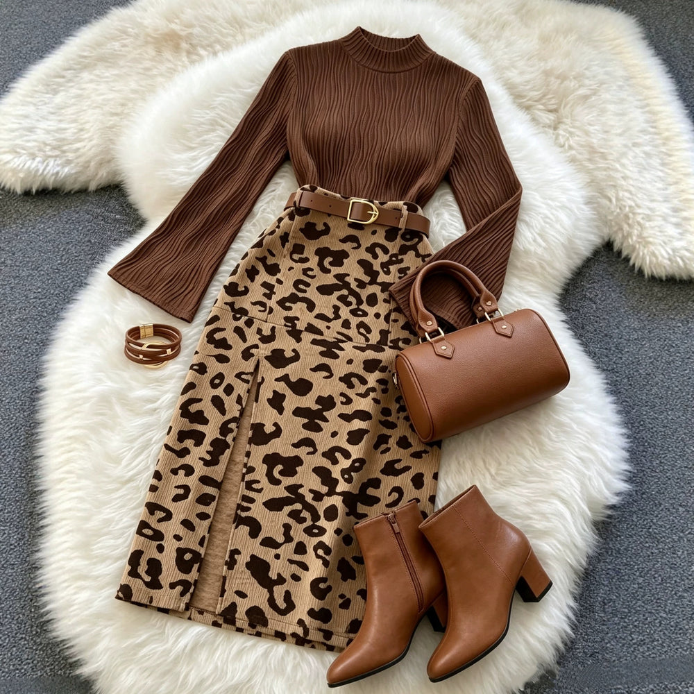 cross-border fashion women's elegant commute round neck flare long sleeve coffee leopard print midi skirt set